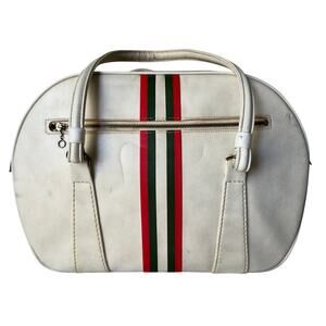 Vintage 70s Retro Bowling Handbag Red Green Stripe Cream Faux Leather Purse